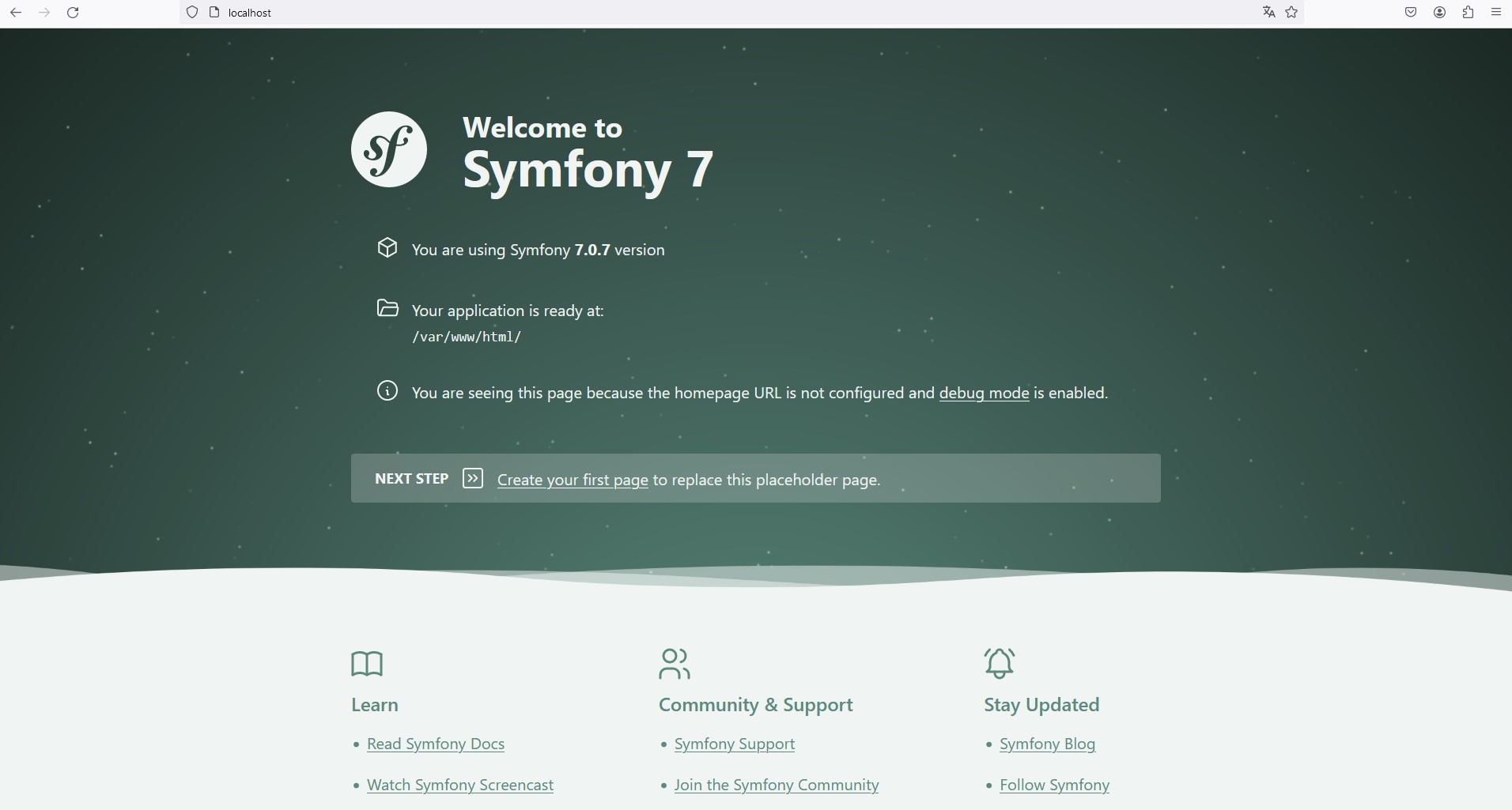Page d'accueil de Symfony 7
